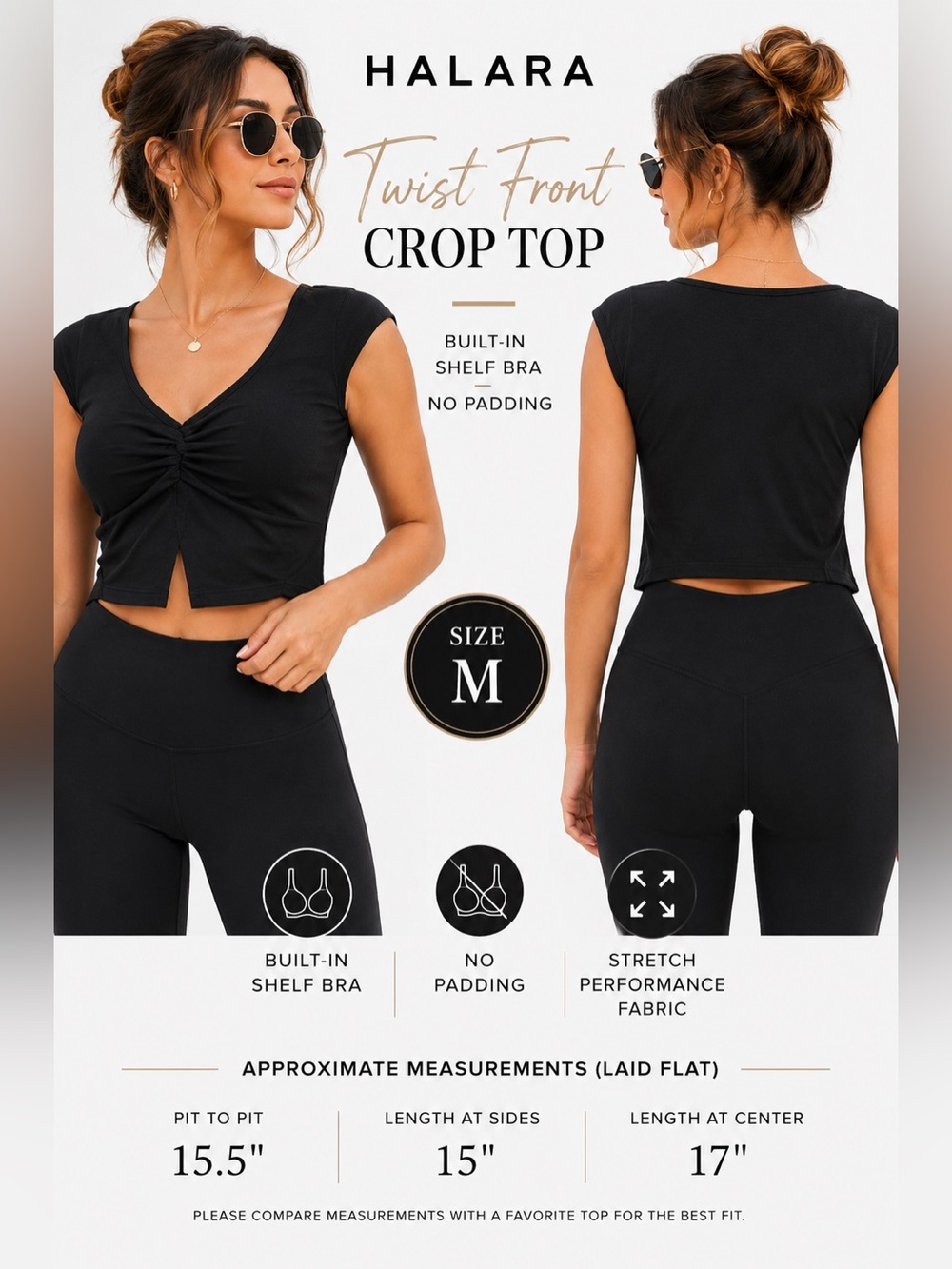 Halara Twist Front Crop Top Black Size Medium Stretch Athletic Yoga Top